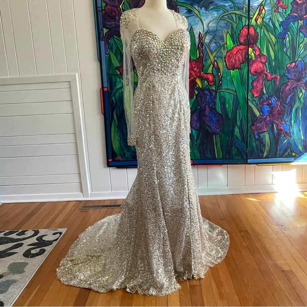 Dazzling Vintage Silver & Gold Sequin Wedding Dress Evening Gown Bridal